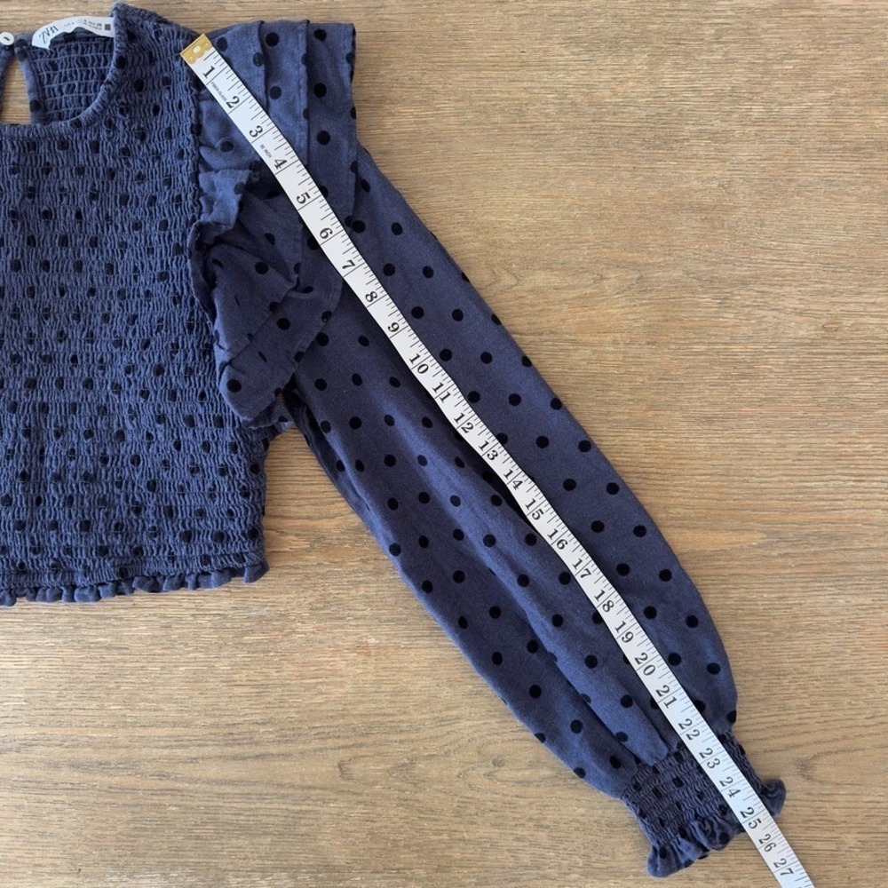 ZARA Polka Dot Smocked Ruffle Crop Top-Long Balloon Sleeve-Boho Festival-Blue - Picture 8 of 16
